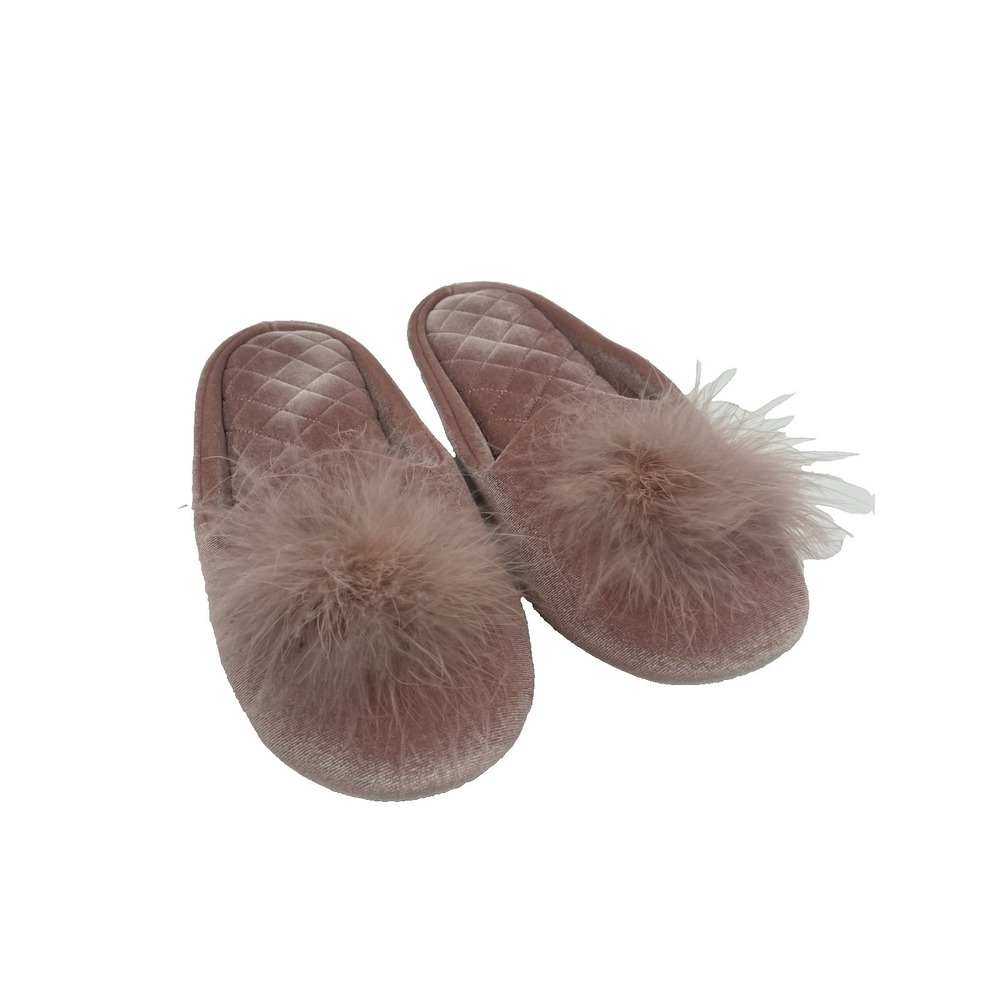 Evshine Sz 40 Women's Pink Feather Pom Pom Slide House Slippers US Sz 9